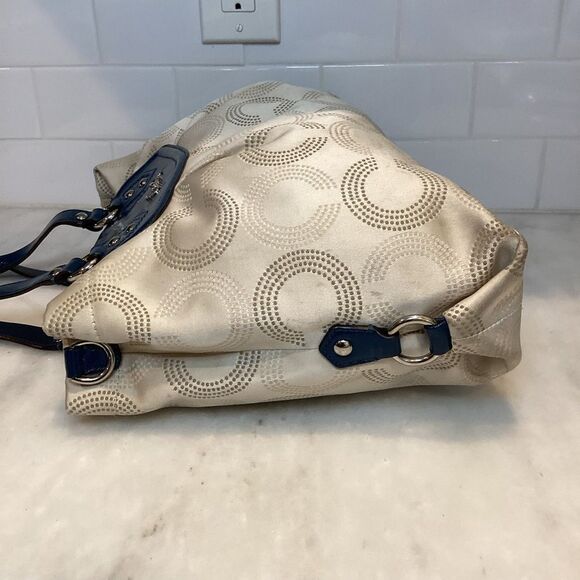 Coach Ashley Dotted OpArt Tan /Navy Blue Canvas/Patent Leather Carry All Satchel - Picture 9 of 14